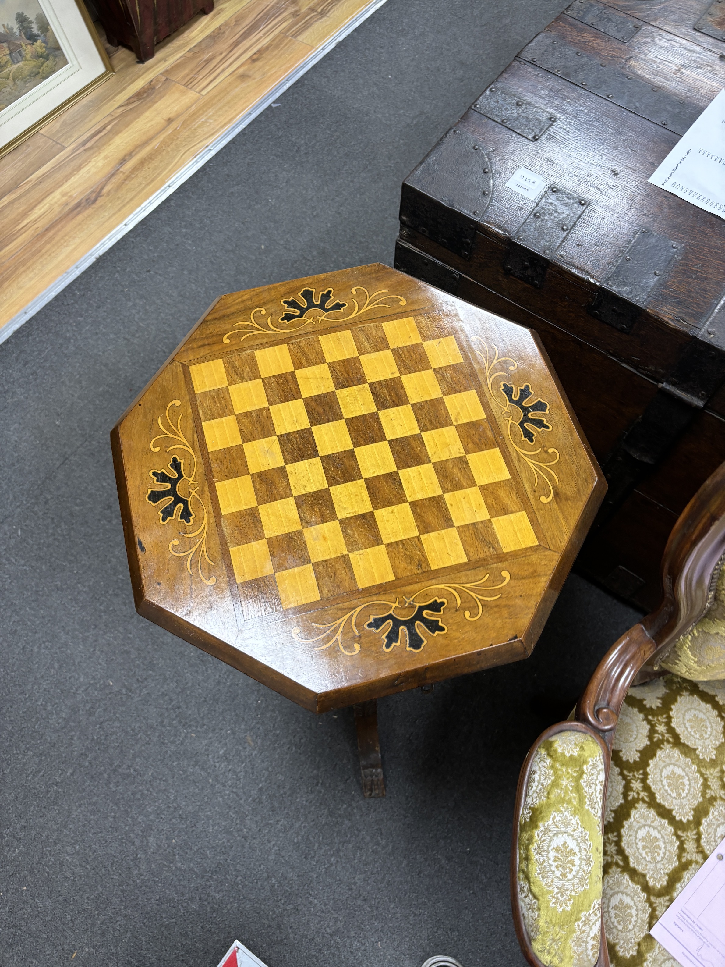 A Victorian octagonal inlaid walnut games / work table, width 45cm, height 73cm